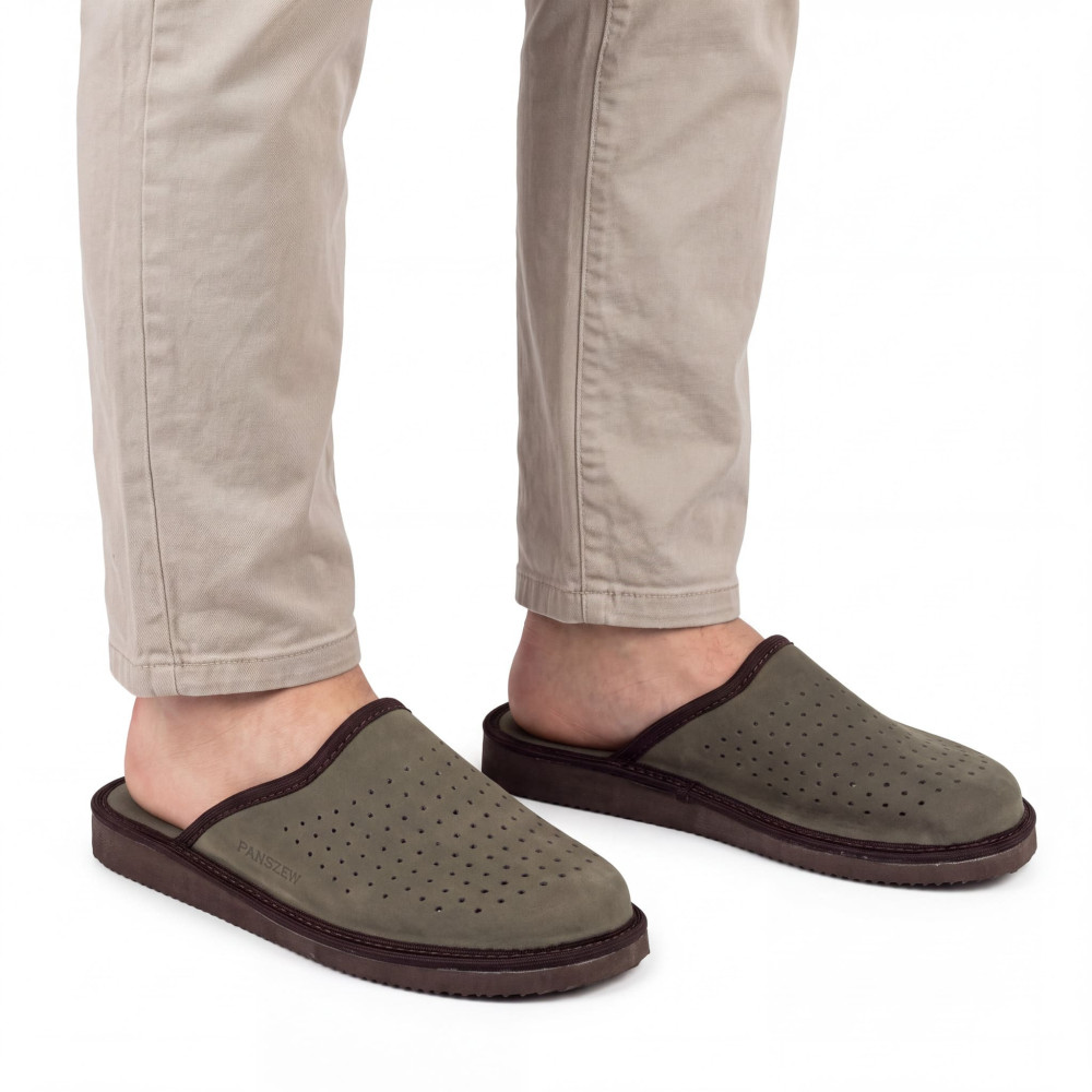 Kapcie Męskie Skórzane VENTLINE Perforowane Khaki | PanSzew®