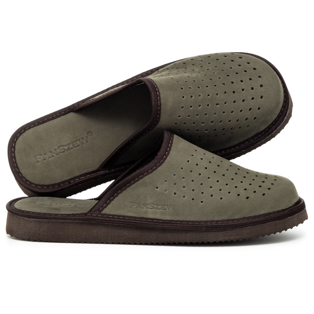 Kapcie Męskie Skórzane VENTLINE Perforowane Khaki | PanSzew®
