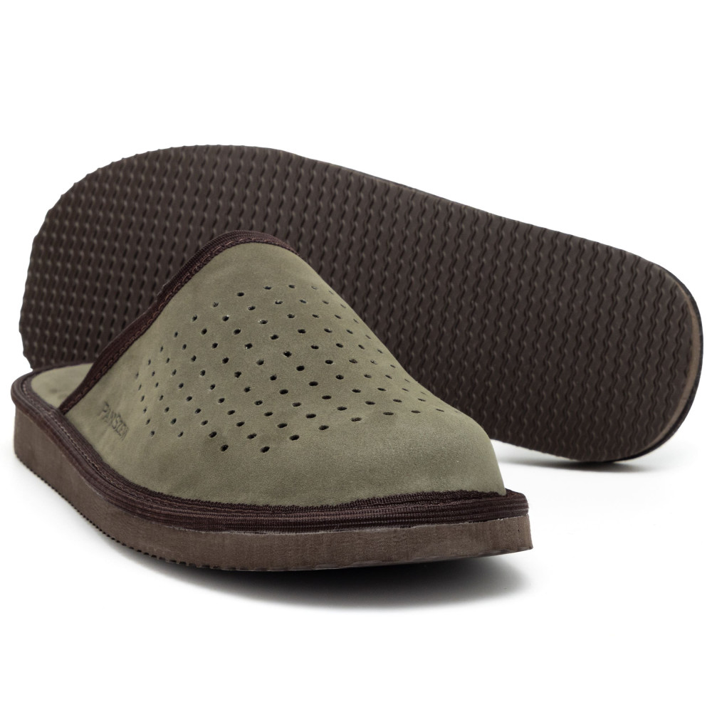 Kapcie Męskie Skórzane VENTLINE Perforowane Khaki | PanSzew®