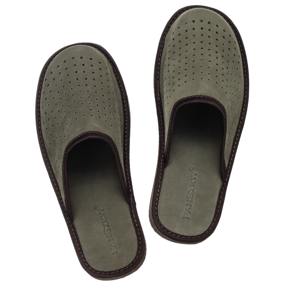 Kapcie Męskie Skórzane VENTLINE Perforowane Khaki | PanSzew®