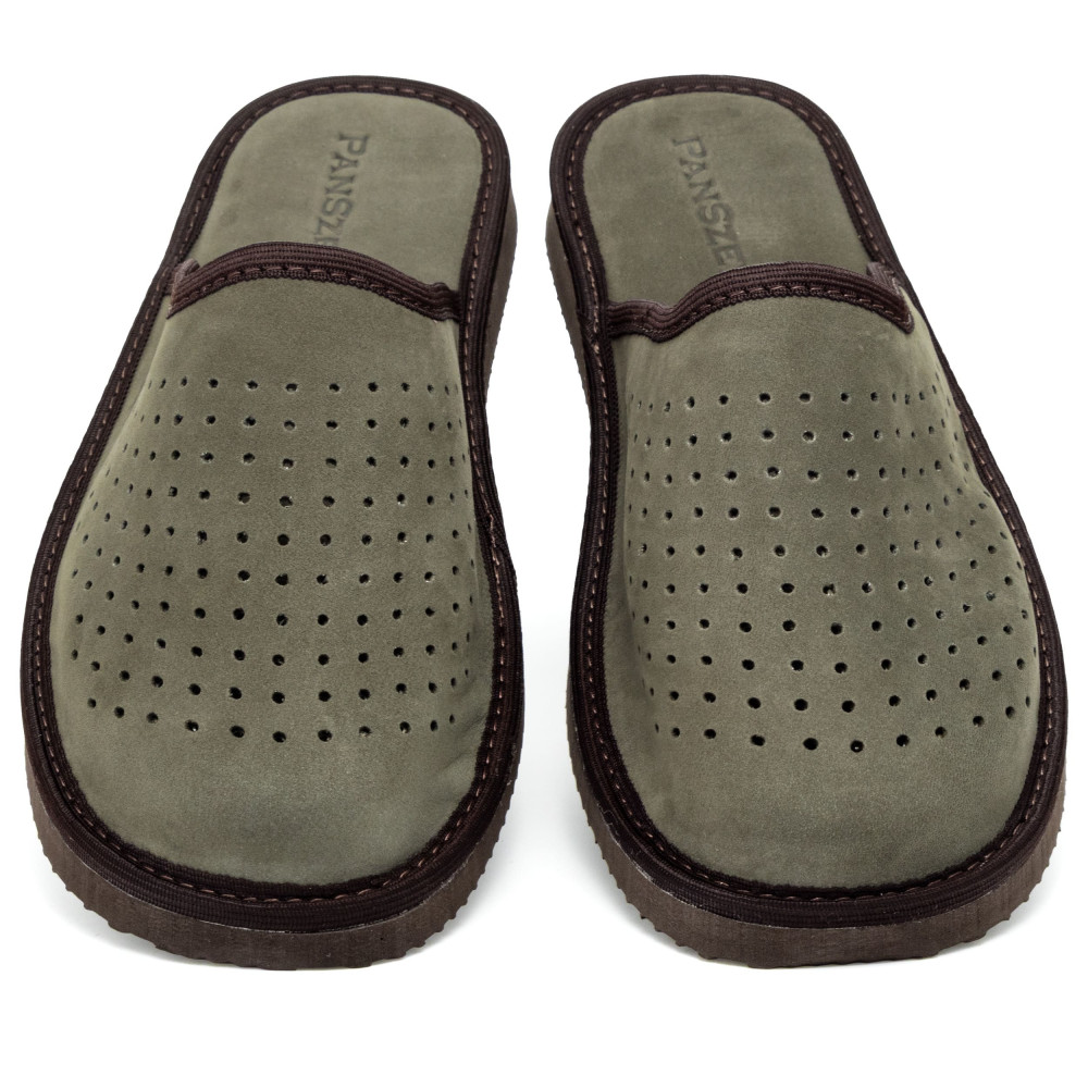 Kapcie Męskie Skórzane VENTLINE Perforowane Khaki | PanSzew®