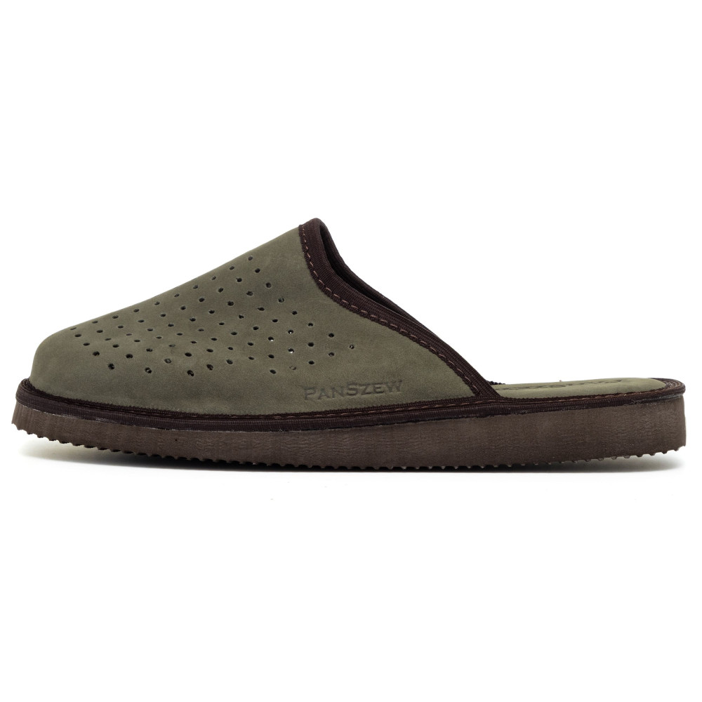 Kapcie Męskie Skórzane VENTLINE Perforowane Khaki | PanSzew®