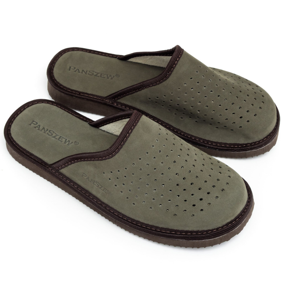 Kapcie Męskie Skórzane VENTLINE Perforowane Khaki | PanSzew®