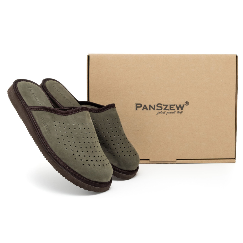 Kapcie Męskie Skórzane VENTLINE Perforowane Khaki | PanSzew®