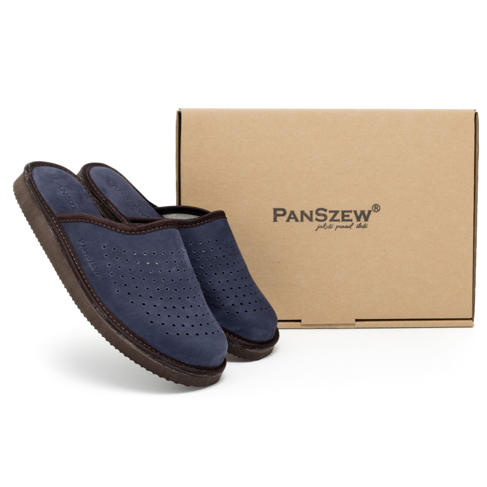 Kapcie Męskie Skórzane VENTLINE Perforowane Granat | PanSzew®
