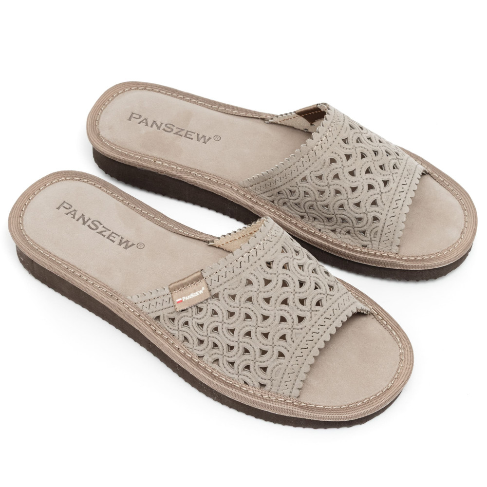 Kapcie Damskie Skórzane Ażurowe Nubuk Mocha | PanSzew®