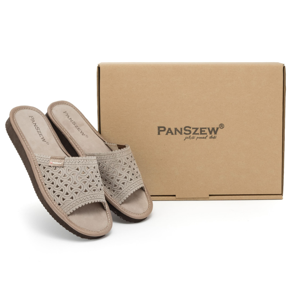 Kapcie Damskie Skórzane Ażurowe Nubuk Mocha | PanSzew®