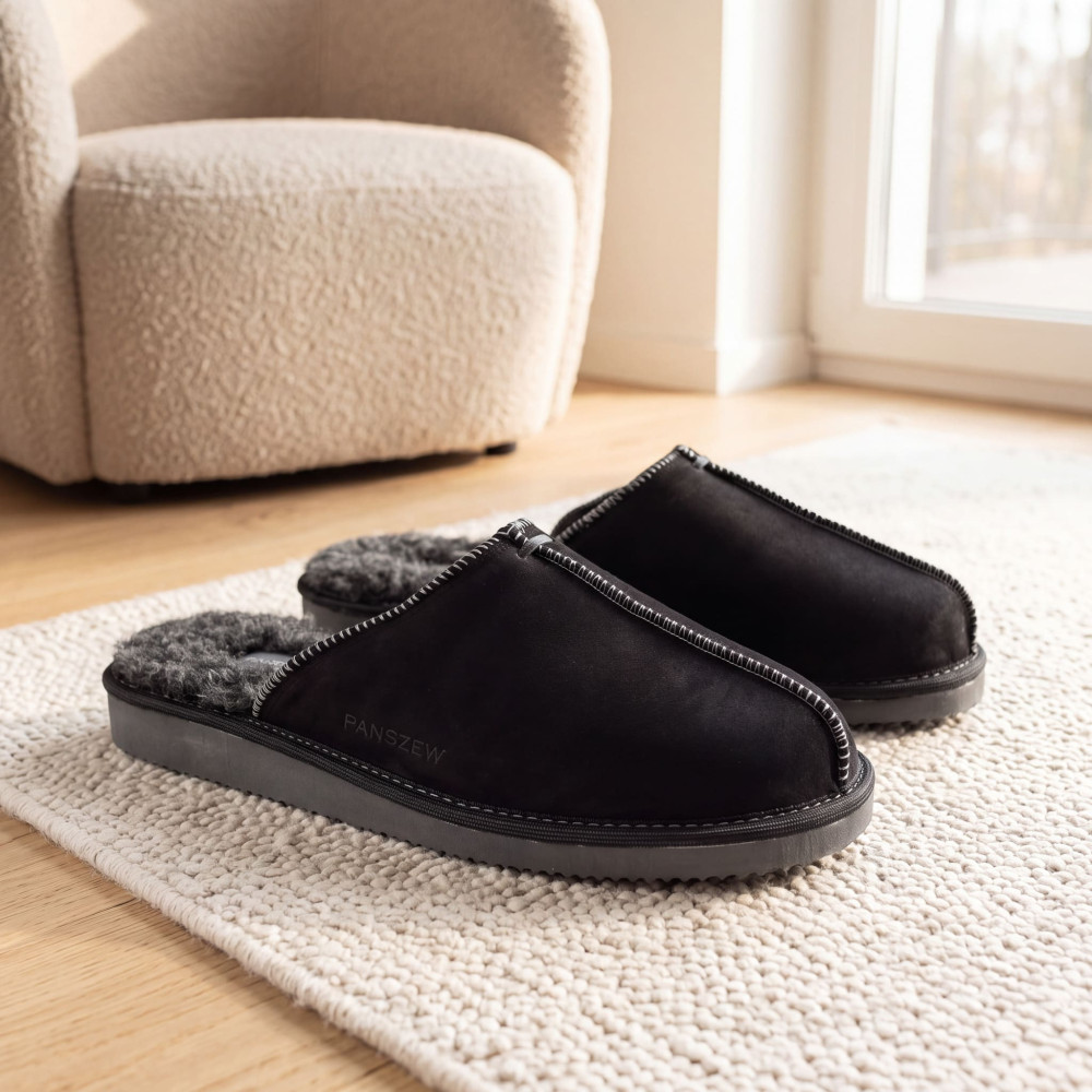 Kapcie Męskie Skórzane ALPINLINE Black z Wełną | PanSzew®