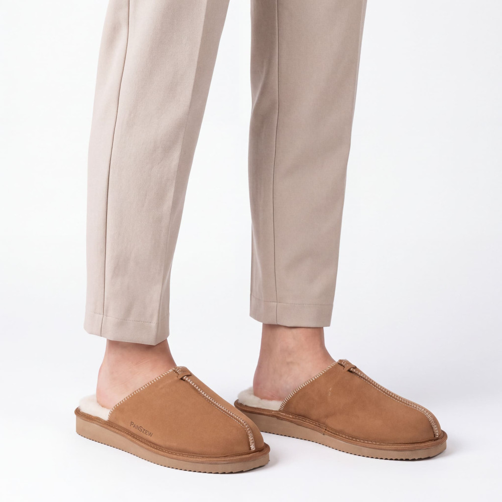 Kapcie Damskie Skórzane ALPINLINE Camel z Wełną | PanSzew®