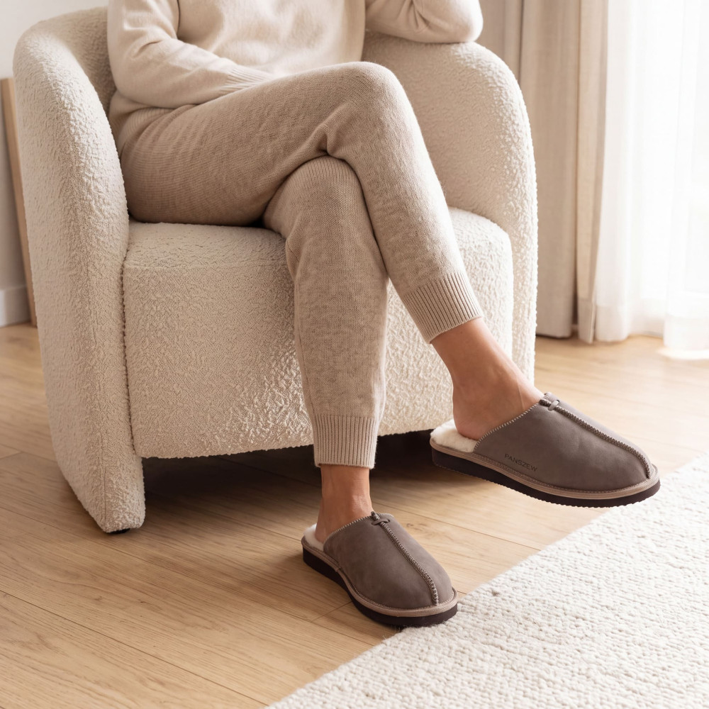 Kapcie Damskie Skórzane ALPINLINE Taupe z Wełną | PanSzew®