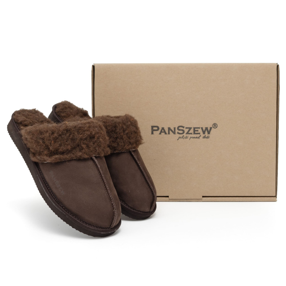 Ciepłe Kapcie Damskie Skórzane Bambosze ALPINLINE Choco | PanSzew®