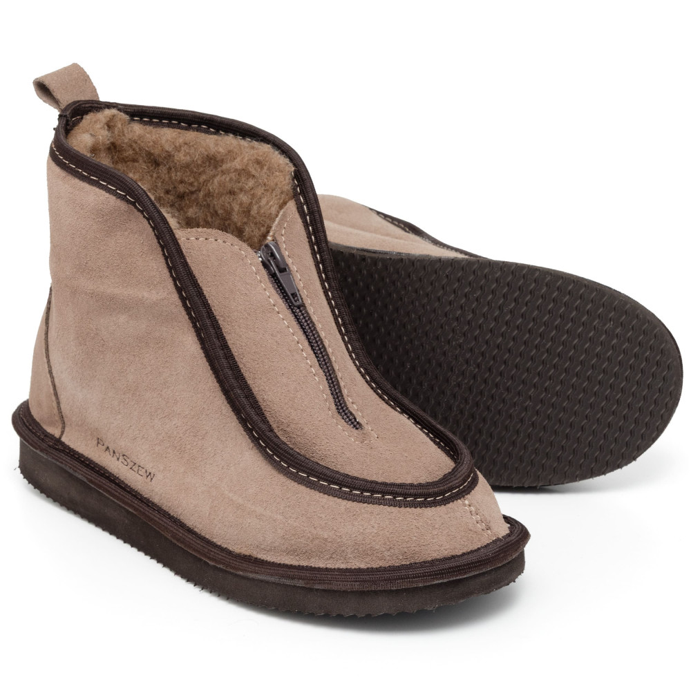 Bambosze Damskie Skórzane GRANDLINE Mocha z Wełną | PanSzew®