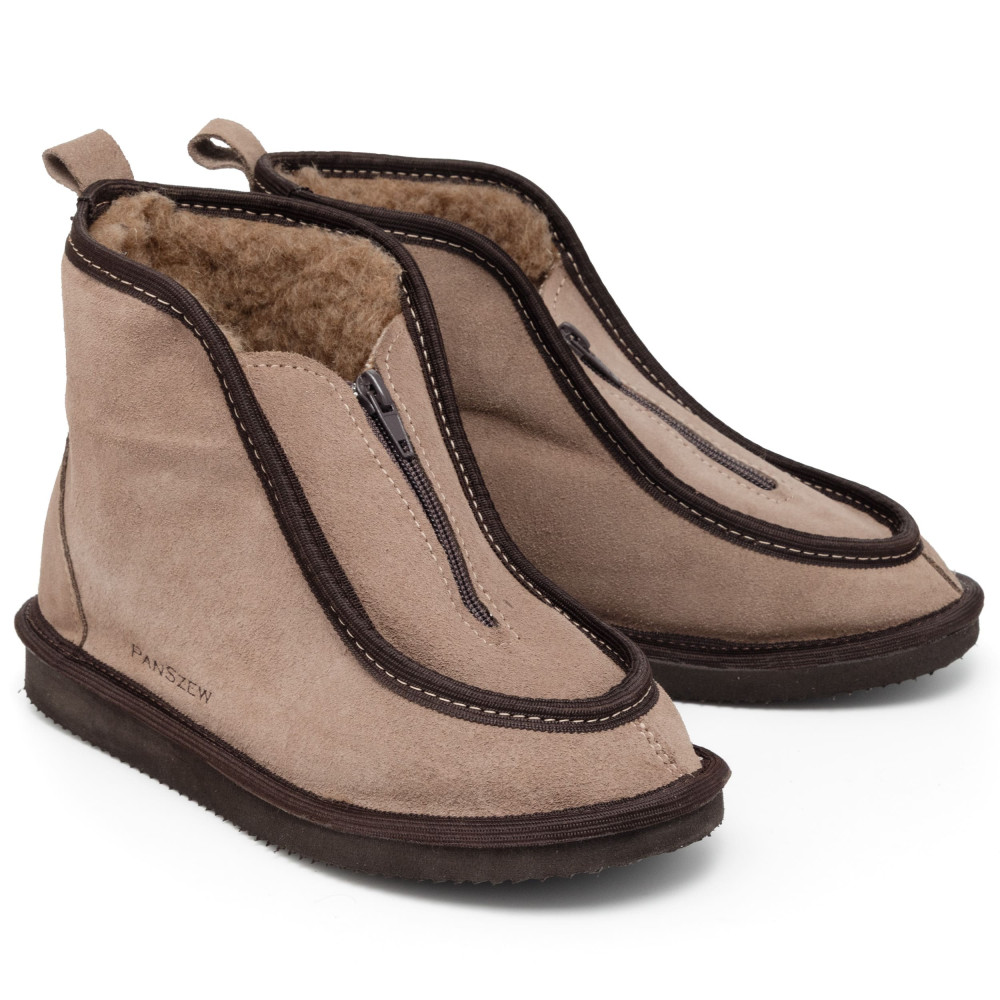 Bambosze Damskie Skórzane GRANDLINE Mocha z Wełną | PanSzew®