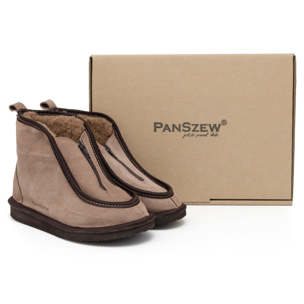 Bambosze Damskie Skórzane GRANDLINE Mocha z Wełną | PanSzew®