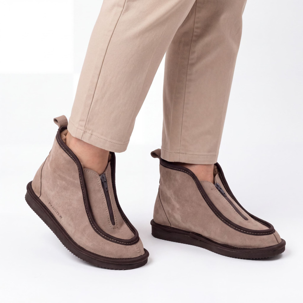 Bambosze Damskie Skórzane GRANDLINE Mocha z Wełną | PanSzew®