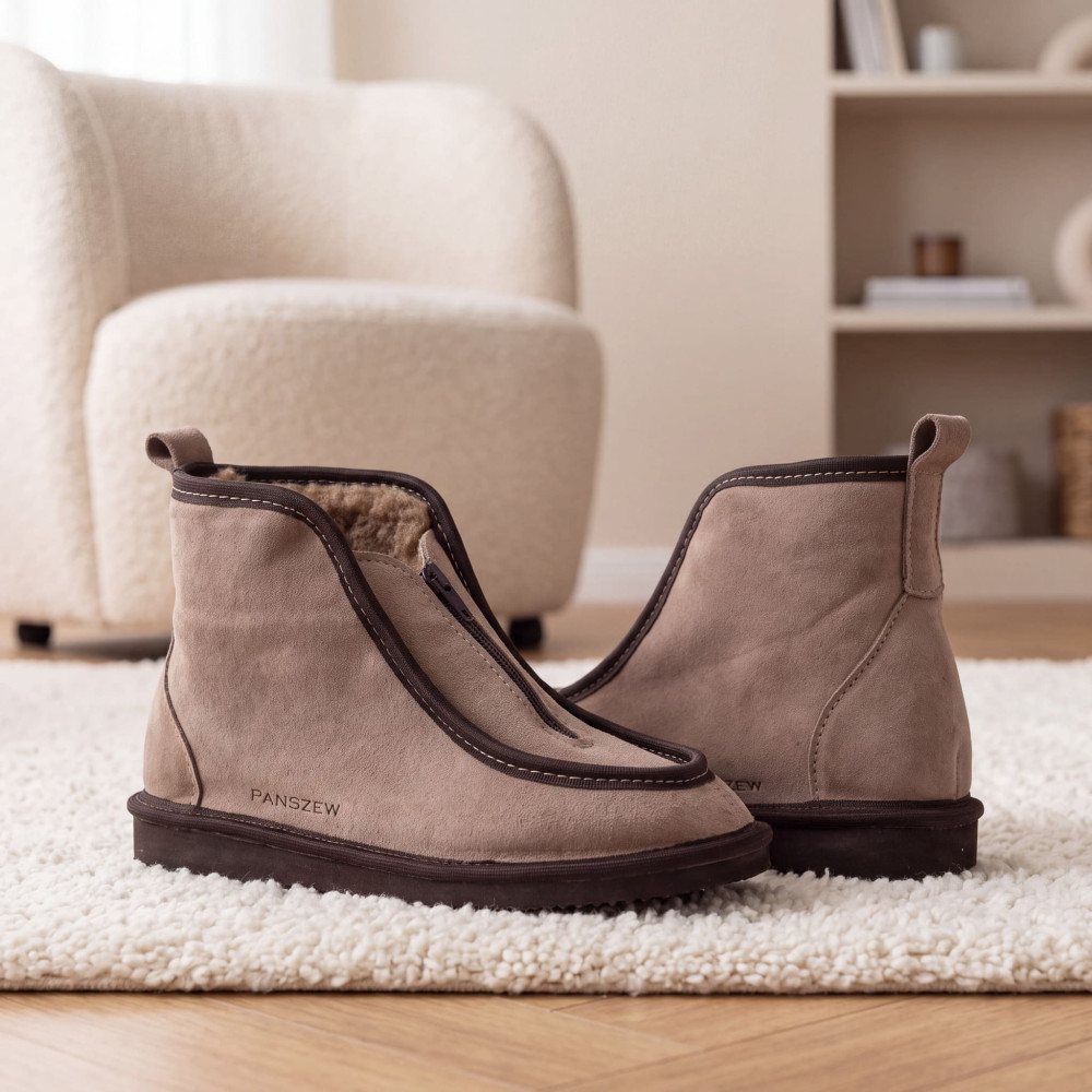 Bambosze Damskie Skórzane GRANDLINE Mocha z Wełną | PanSzew®