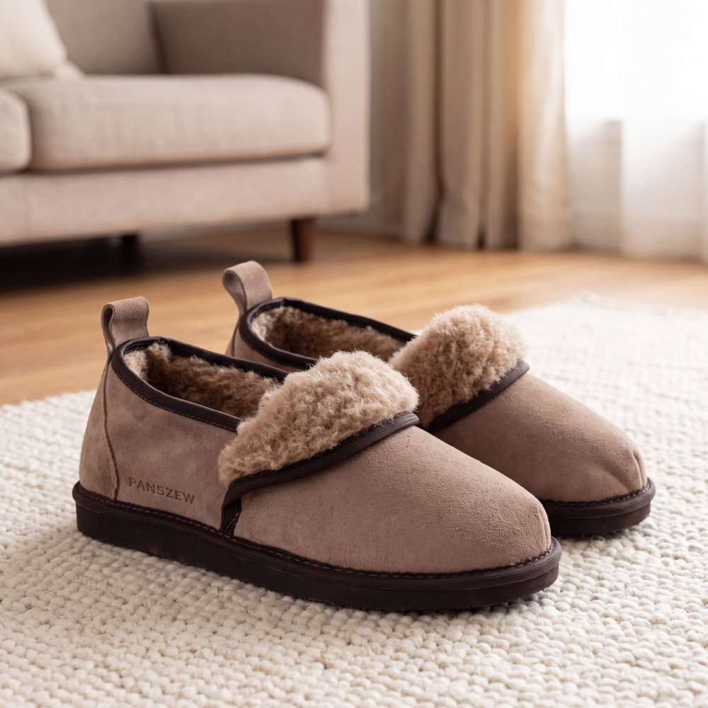 Bambosze Damskie Skórzane FLIPLINE Mocha z Wełną | PanSzew®