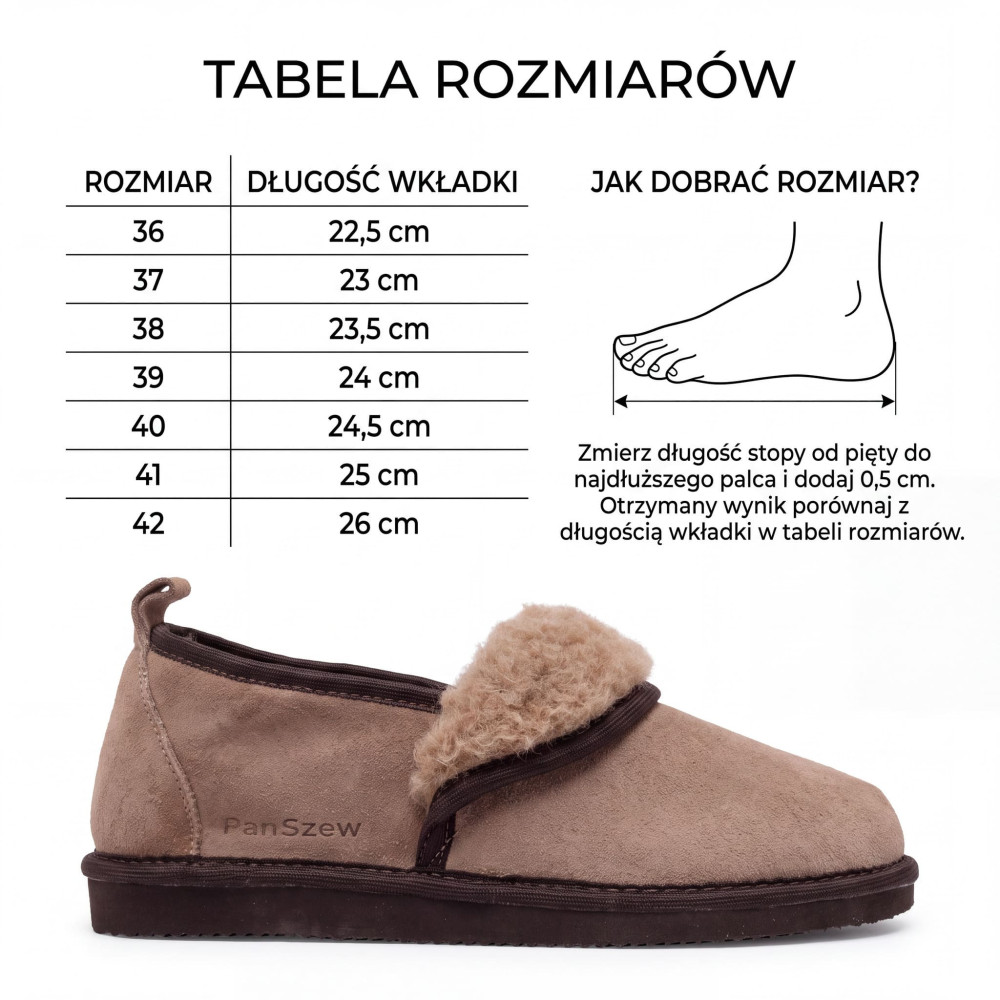 Bambosze Damskie Skórzane FLIPLINE Mocha z Wełną | PanSzew®
