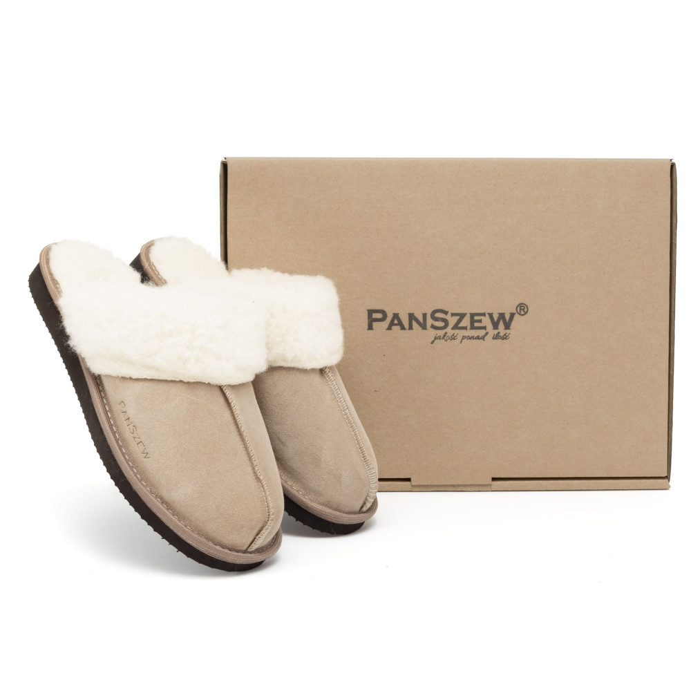 Ciepłe Kapcie Damskie Skórzane Bambosze ALPINLINE Beżowe | PanSzew®