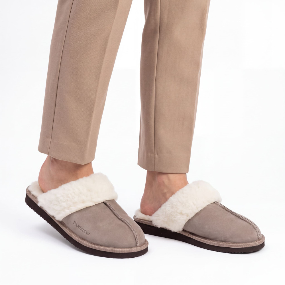 Ciepłe Kapcie Damskie Skórzane Bambosze ALPINLINE Mocha | PanSzew®