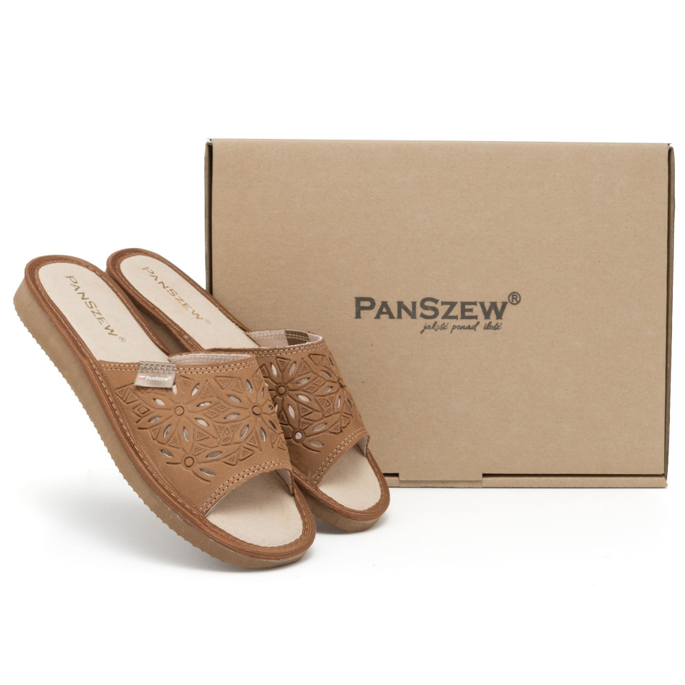 Kapcie Damskie Skórzane Ażurowe Nubuk Camel Kwiatowe | PanSzew®