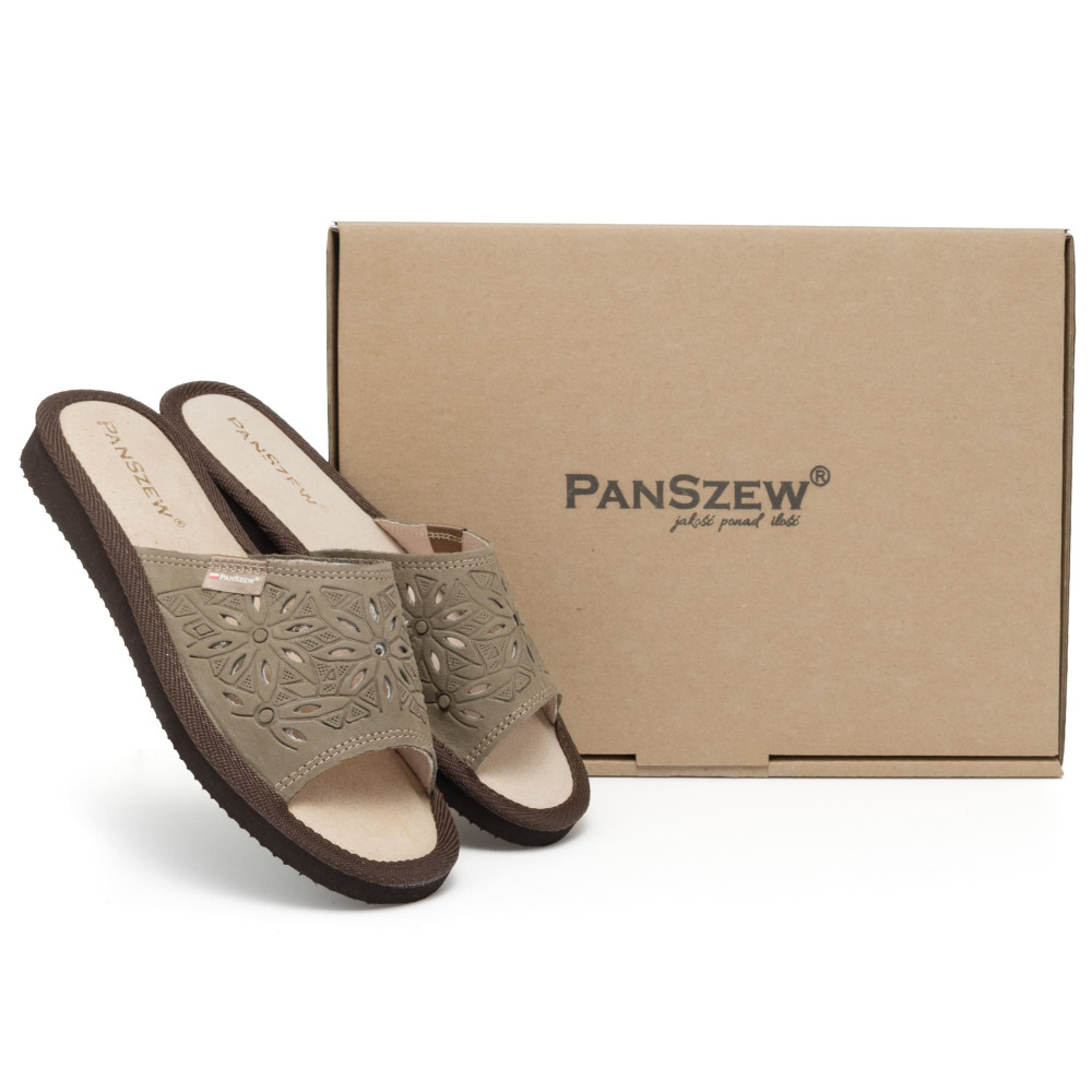 Kapcie Damskie Skórzane Ażurowe Nubuk Khaki Kwiatowe | PanSzew®
