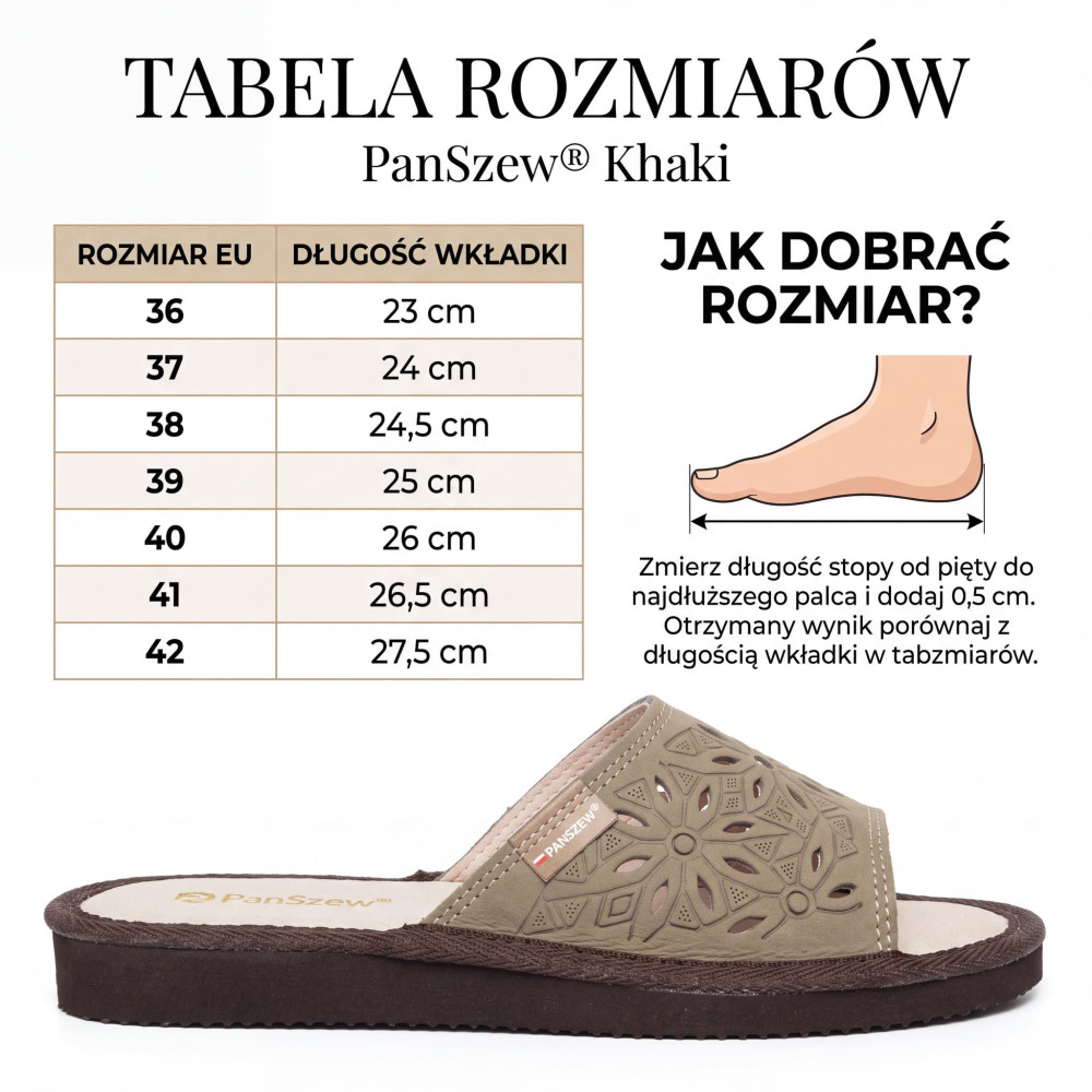 Kapcie Damskie Skórzane Ażurowe Nubuk Khaki Kwiatowe | PanSzew®