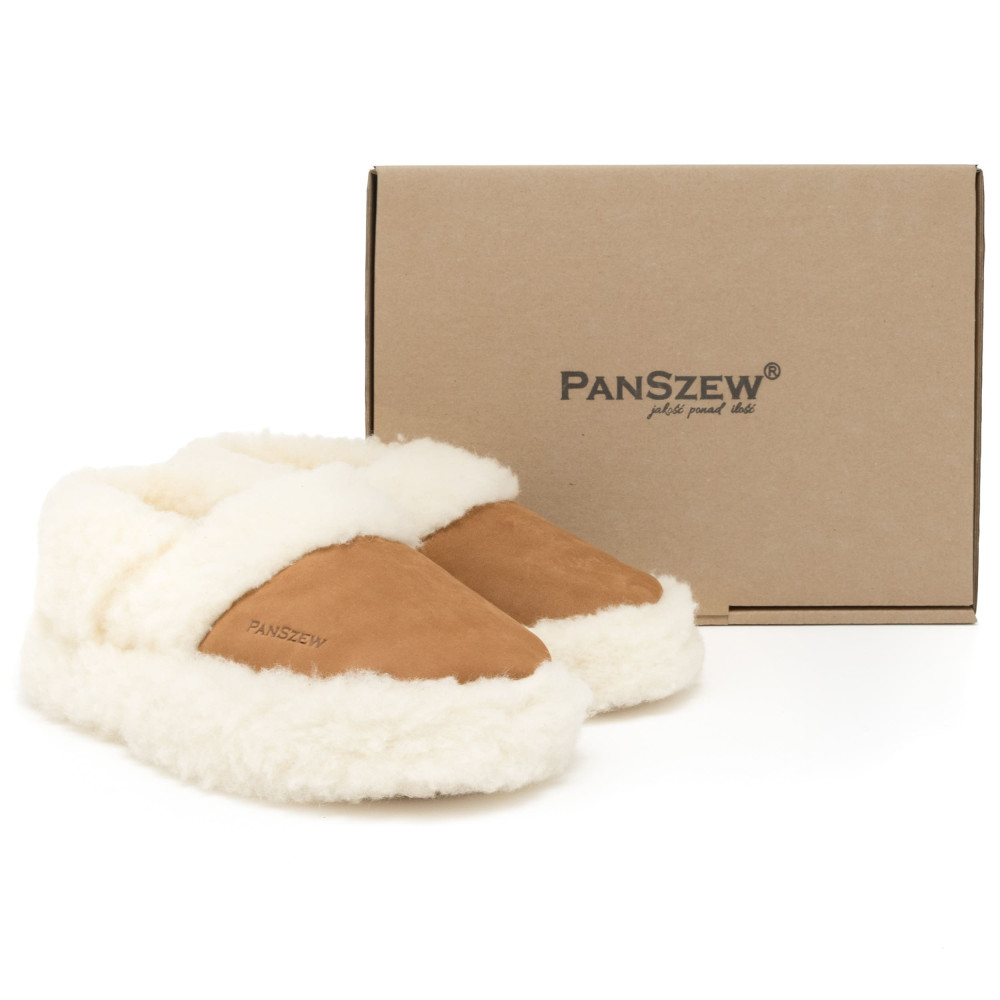 Bambosze Męskie Skórzane Wełniane Ciepłe Kapcie Góralskie Camel PanSzew®