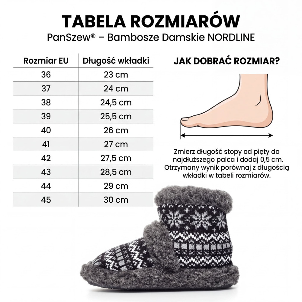 Bambosze Damskie Wełniane NORDLINE Grafitowe Ciepłe Kapcie | PanSzew®