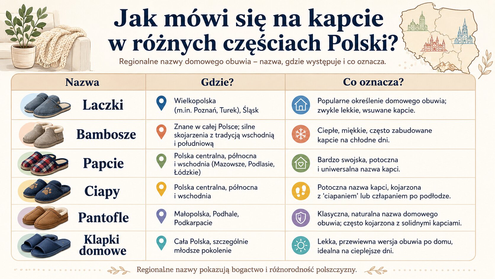 Jak mówi się na kapcie w różnych częściach Polski?