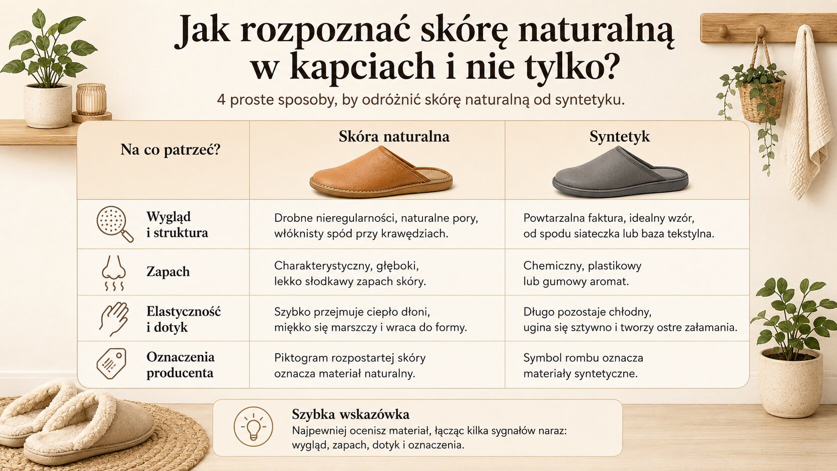 Jak rozpoznać skórę naturalną w kapciach i nie tylko?