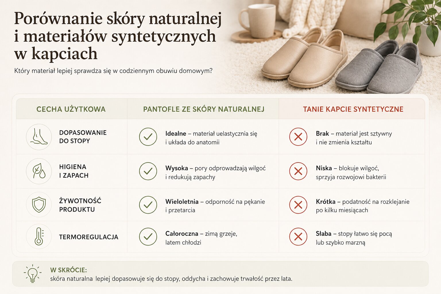Porównanie skóry naturalnej i materiałów syntetycznych w kapciach