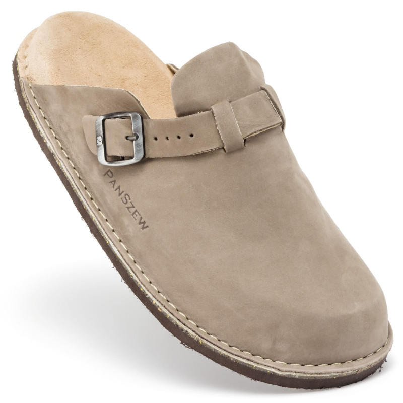 Klapki Męskie Skórzane Profilowane z Nubuku Mocha z Klamrą Premium PanSzew® (Rozmiar: 42 - 26 cm)